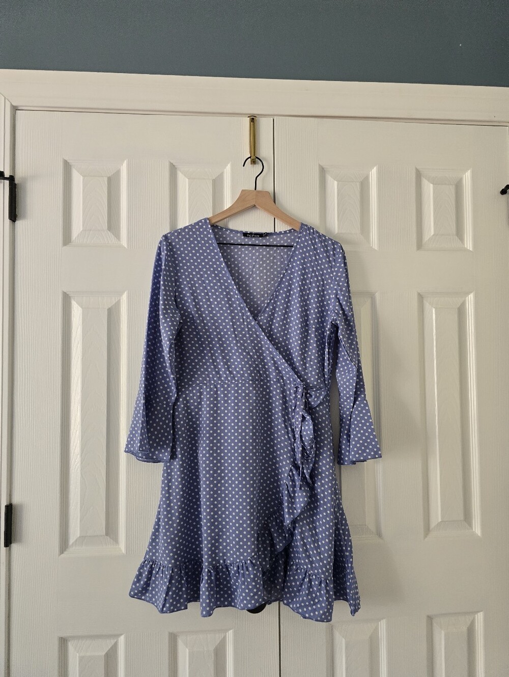 Boohoo Lavender Blue Polka Dot Wrap Dress